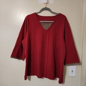 denim co Dark Red Animal Cheetah Print Detail 3/4 Sleeve Knit Top 1X